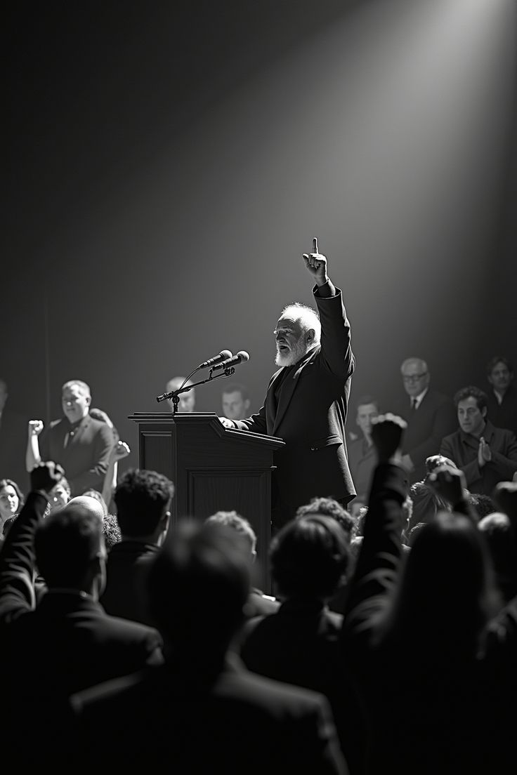 A speaker at a podium raising one hand under a single beam of light, an audience in the foreground
