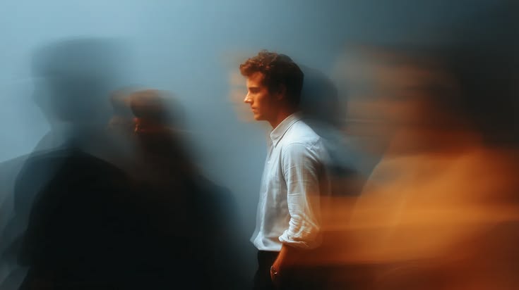 A founder standing still while a blurred crowd moves past
